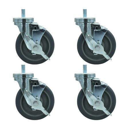BK RESOURCES 5-inch Threaded Stem Casters, Gy Rubber Wheels, Brake, 300lb Cap, Oil/Grease/Water Resistant, 4PK 5SBR-4ST-GR-PS4